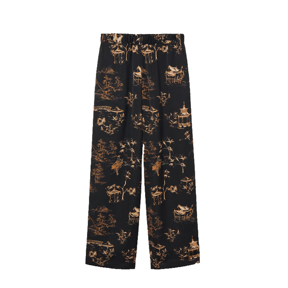 MNG Pants Womens XS Black Gold Asian Print Trouser Boho Silky High Waist Lounge